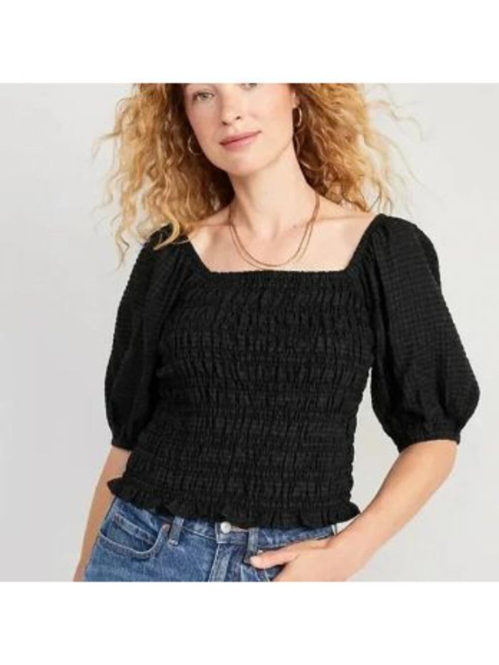 Old Navy Womens Fitted Puff Sleeve Smocked Top in Black Jack Size XL